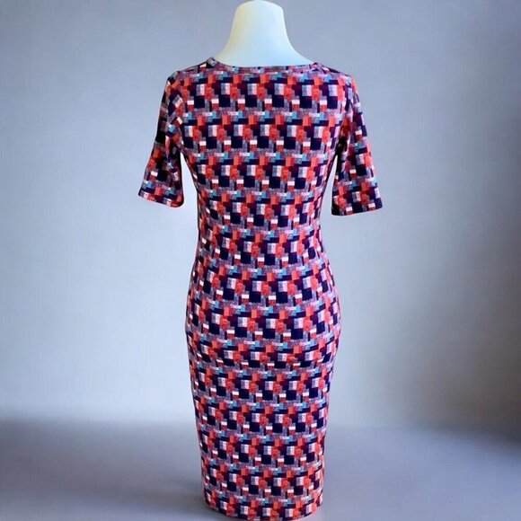 LuLaRoe The Julia Multicolor Geometric Short Sleeve Fitted Knee Midi Dress S - Picture 7 of 8
